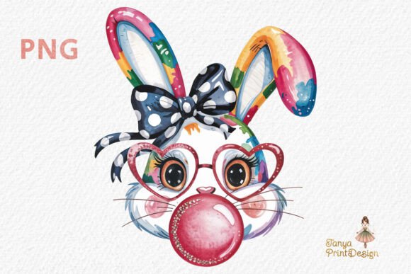Colorful Artistic Bunny with Glasses PNG
