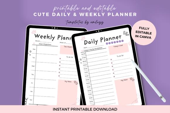 Cute Daily Weekly Planner Template for Canva: Organize with Style