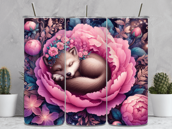 Sleeping Wolf in Pink Rose Tumbler Wrap: A Stylish and Practical Design for Your Tumblers